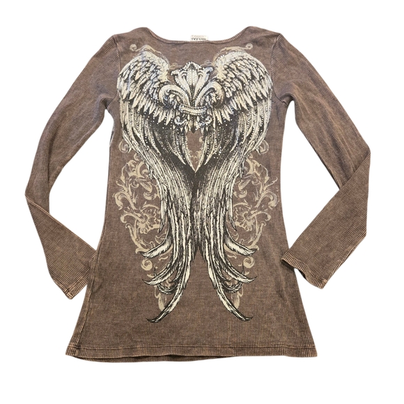 VOCAL Y2K LONG SEELVED ANGEL WING TEE WITH RHINESTONES SIZE SMALL - Picture 2 of 6
